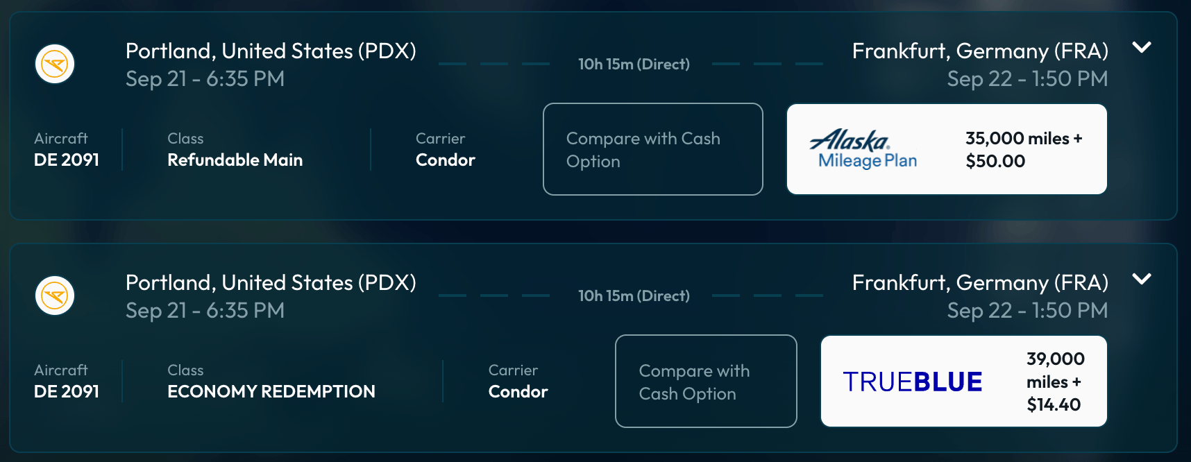 Portland to Frankfurt for 35,000 or 39,000 points