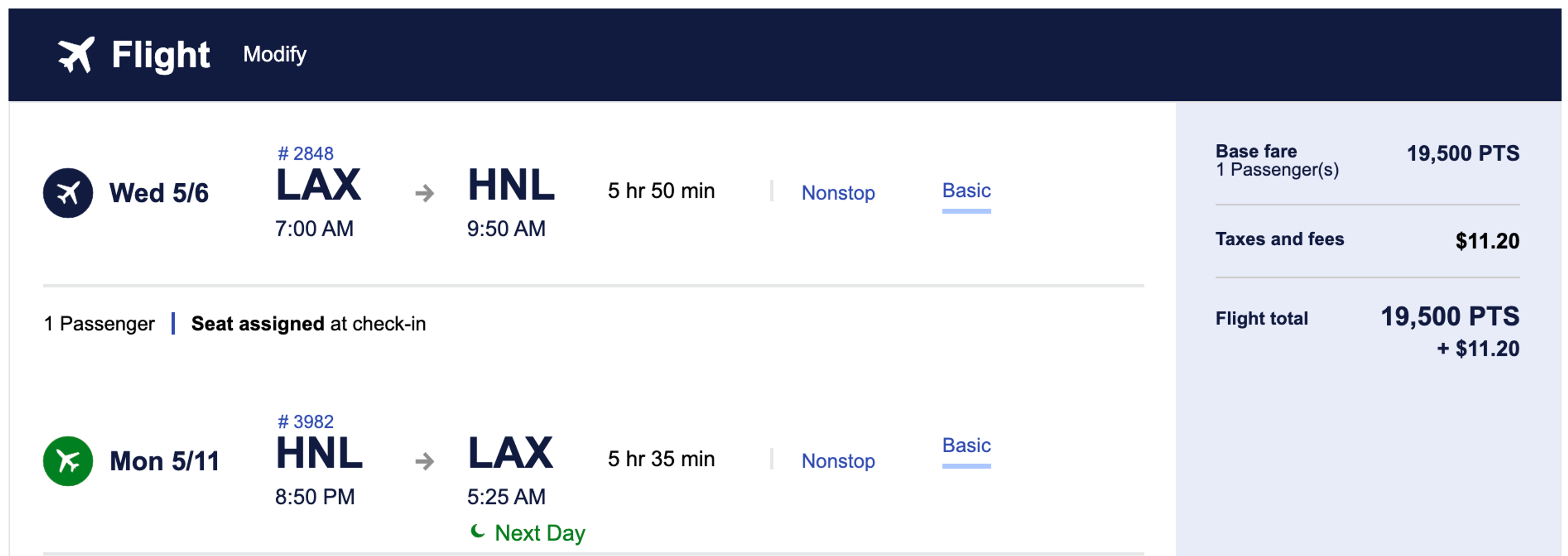 LAX to HNL for 19,500 points (plus $11.20 in taxes and fees)