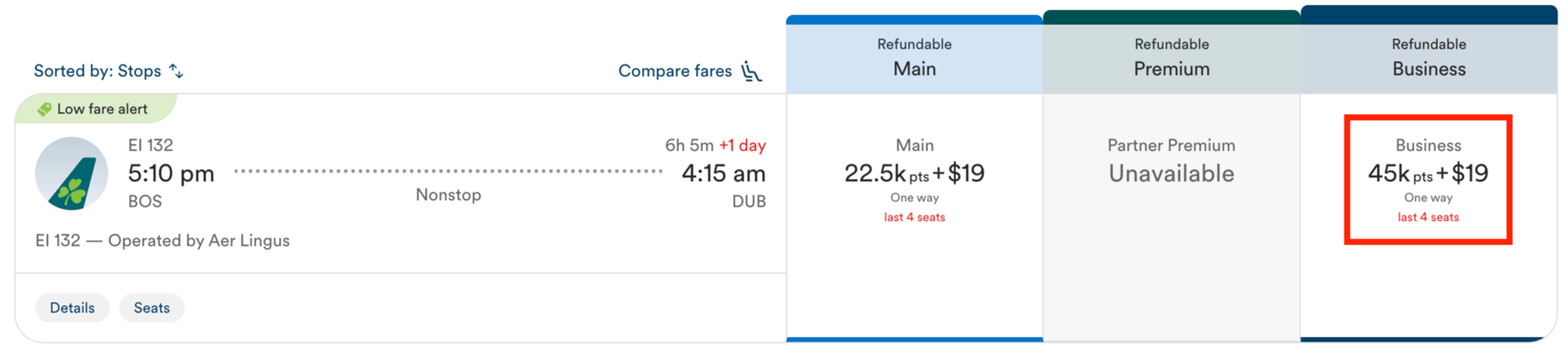 Boston to Dublin for 45,000 Atmos points in business class