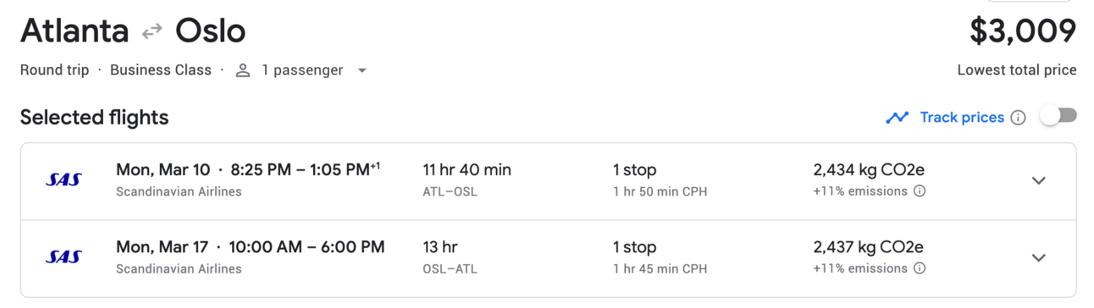The same set of flights in business class for over $3,000