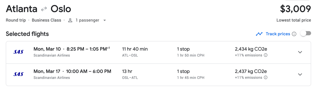 The same set of flights in business class for over $3,000