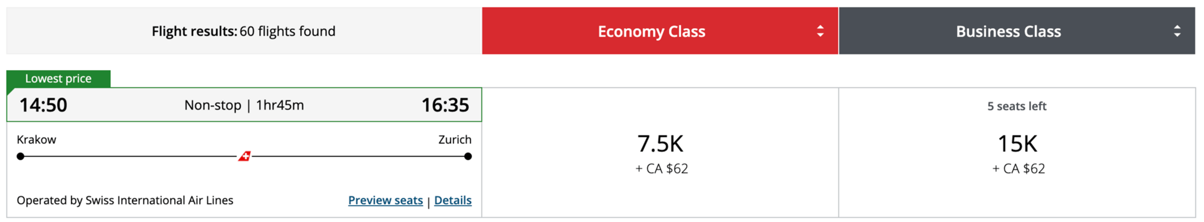 Krakow to Zurich for 7,500 Aeroplan points