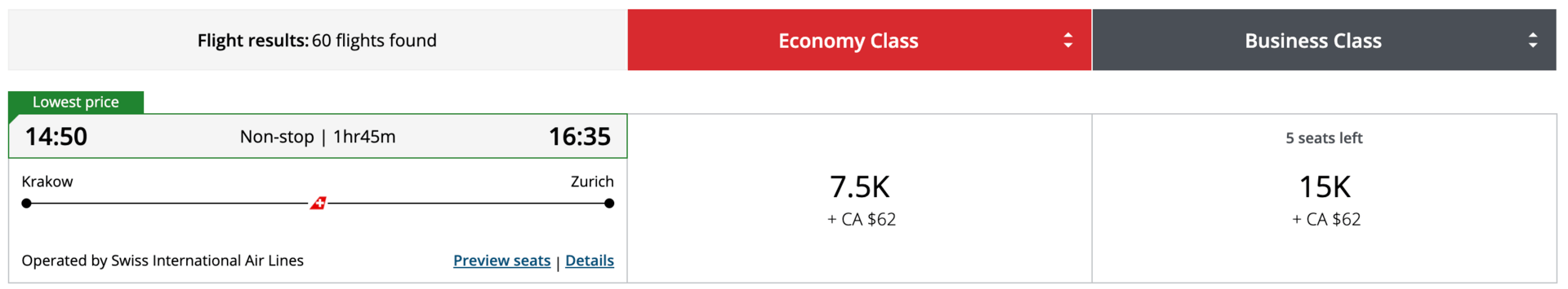 Krakow to Zurich for 7,500 Aeroplan points