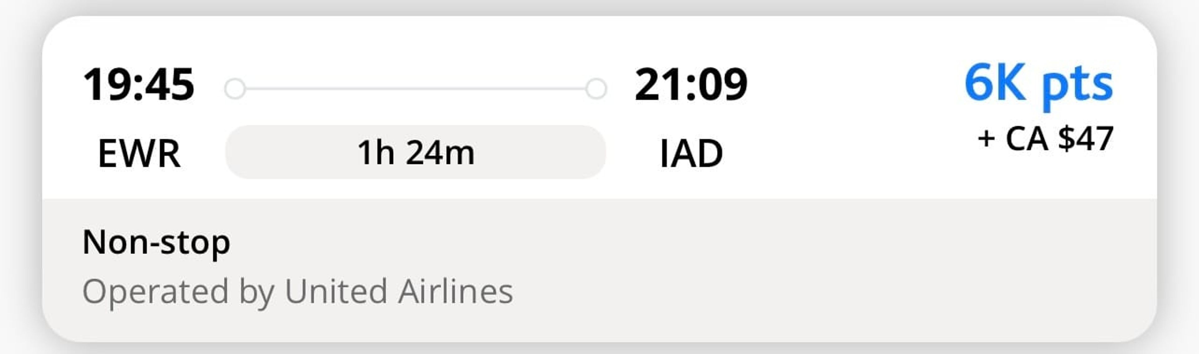 A screenshot from Aeroplan showing a domestic US flight on United for 6,000 points