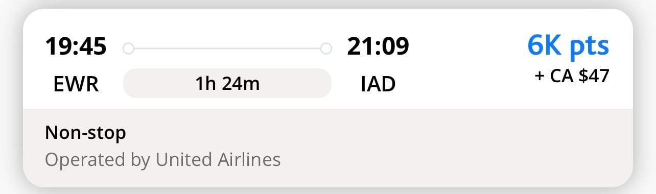 A screenshot from Aeroplan showing a domestic US flight on United for 6,000 points