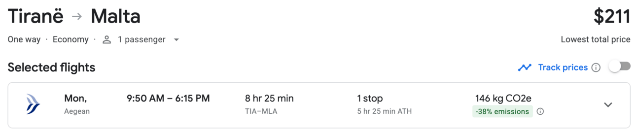Tirana to Malta for $211