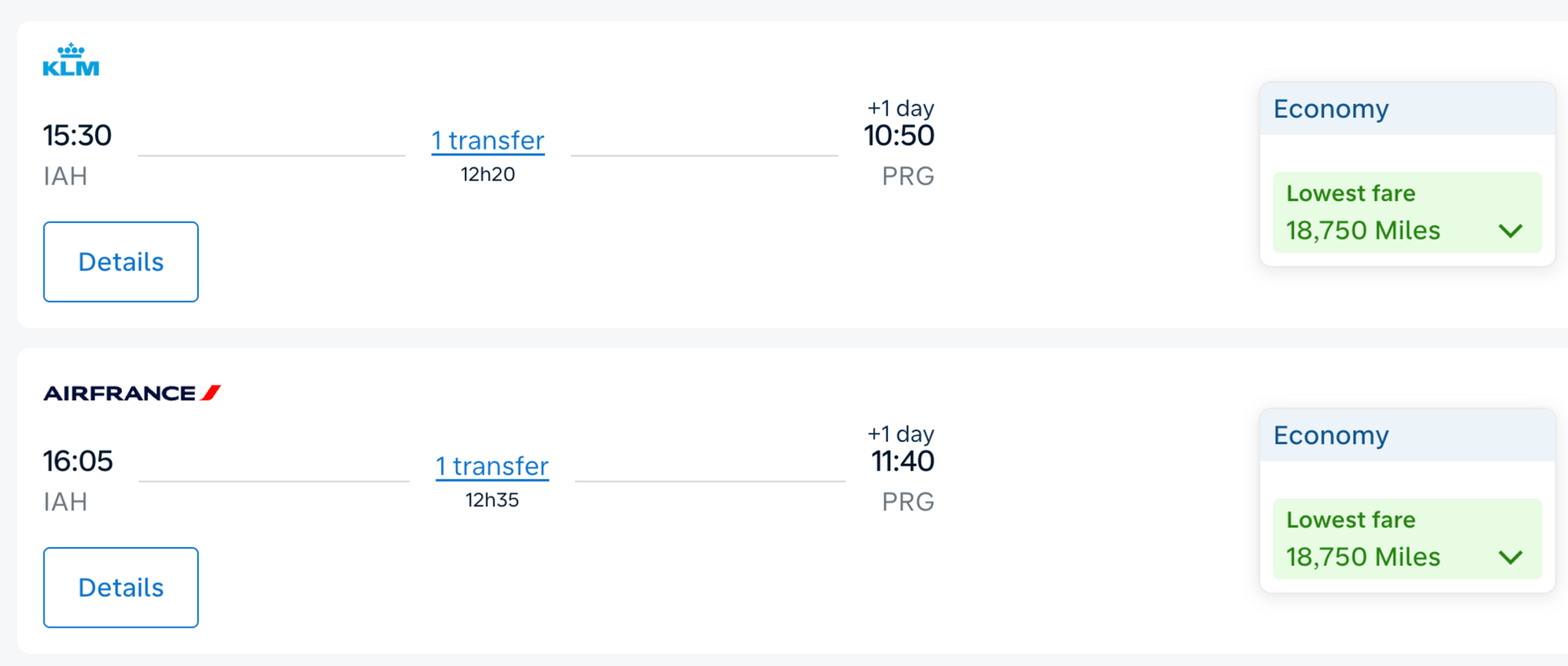 Houston to Prague for 18,750 miles in economy