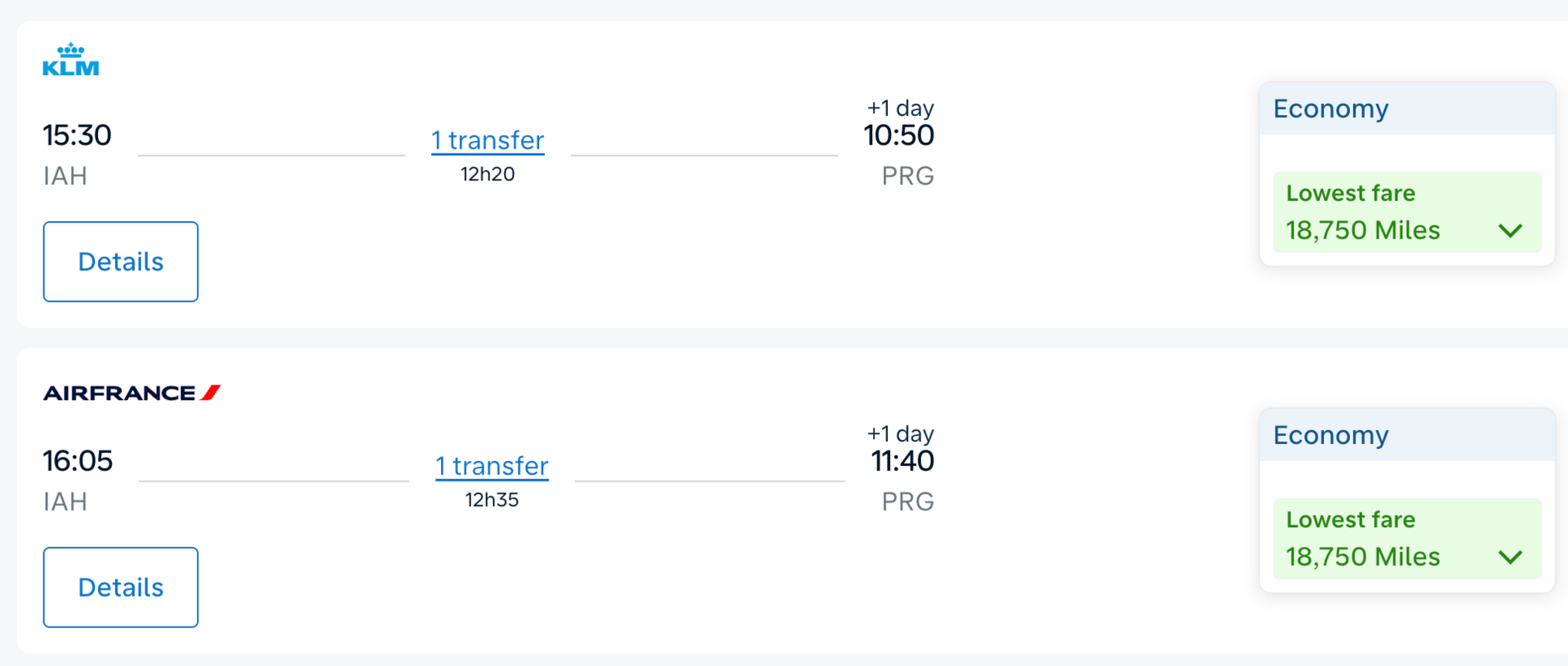 Houston to Prague for 18,750 miles in economy