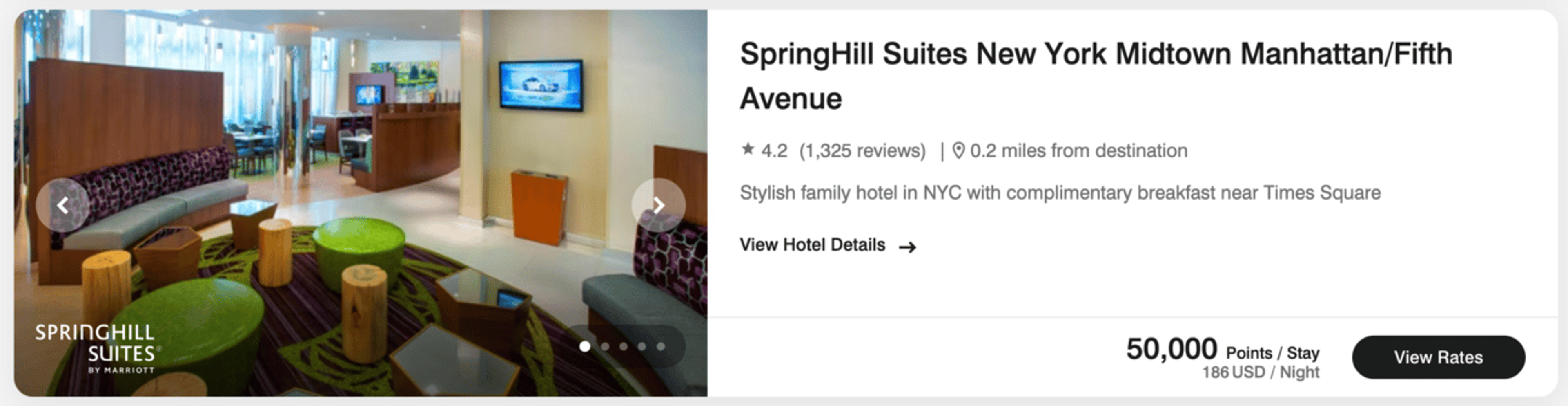 Screenshot of a Marriott booking for 50,000 points a night