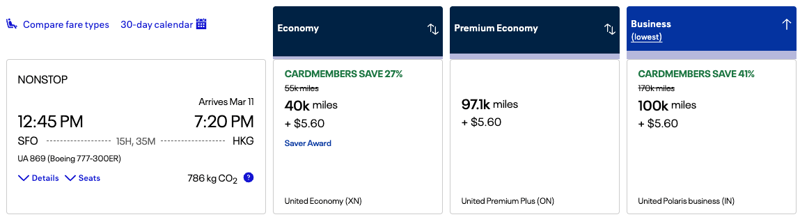 SFO o HKG for 100k miles business class