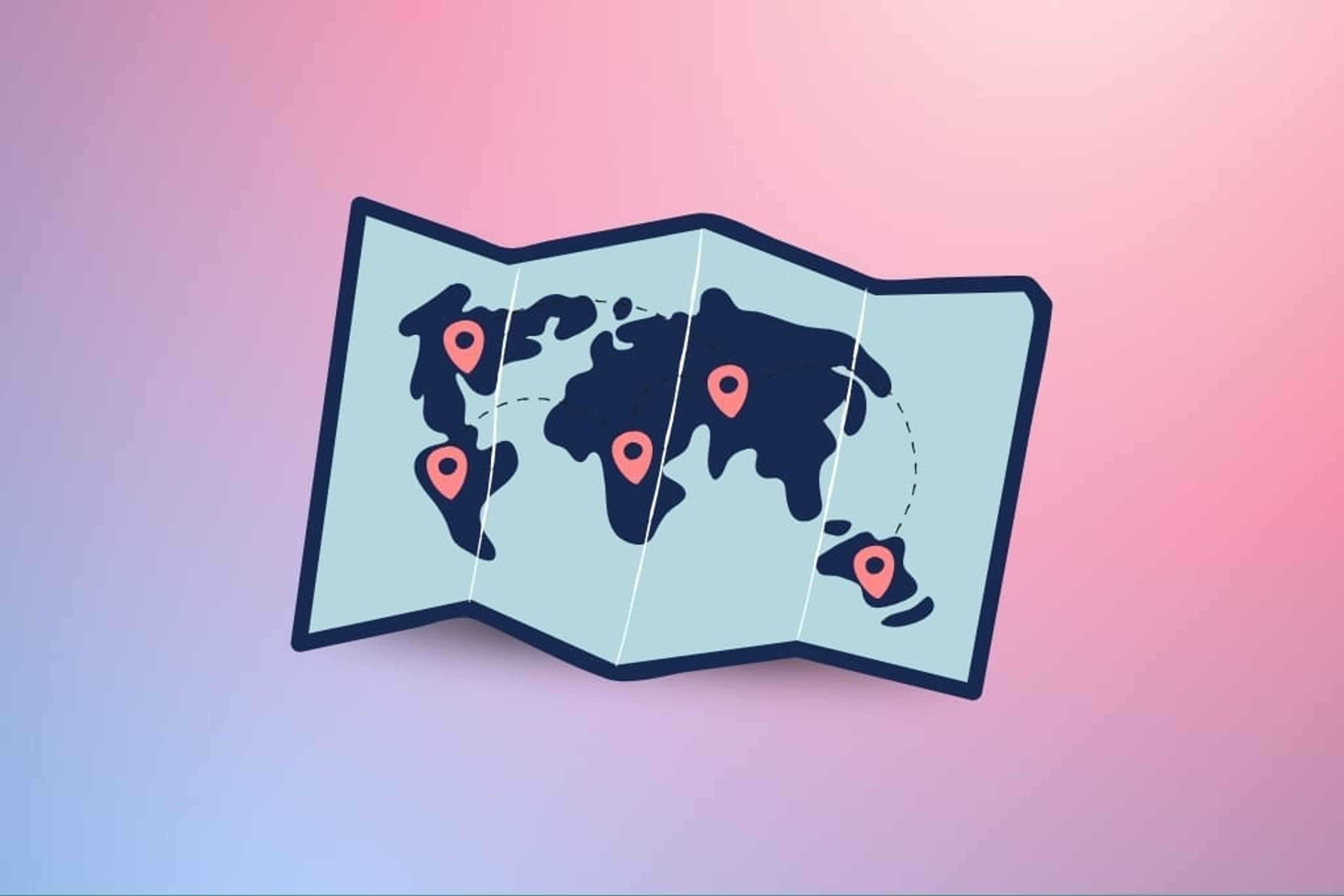 A blue world map on a pink and purple background