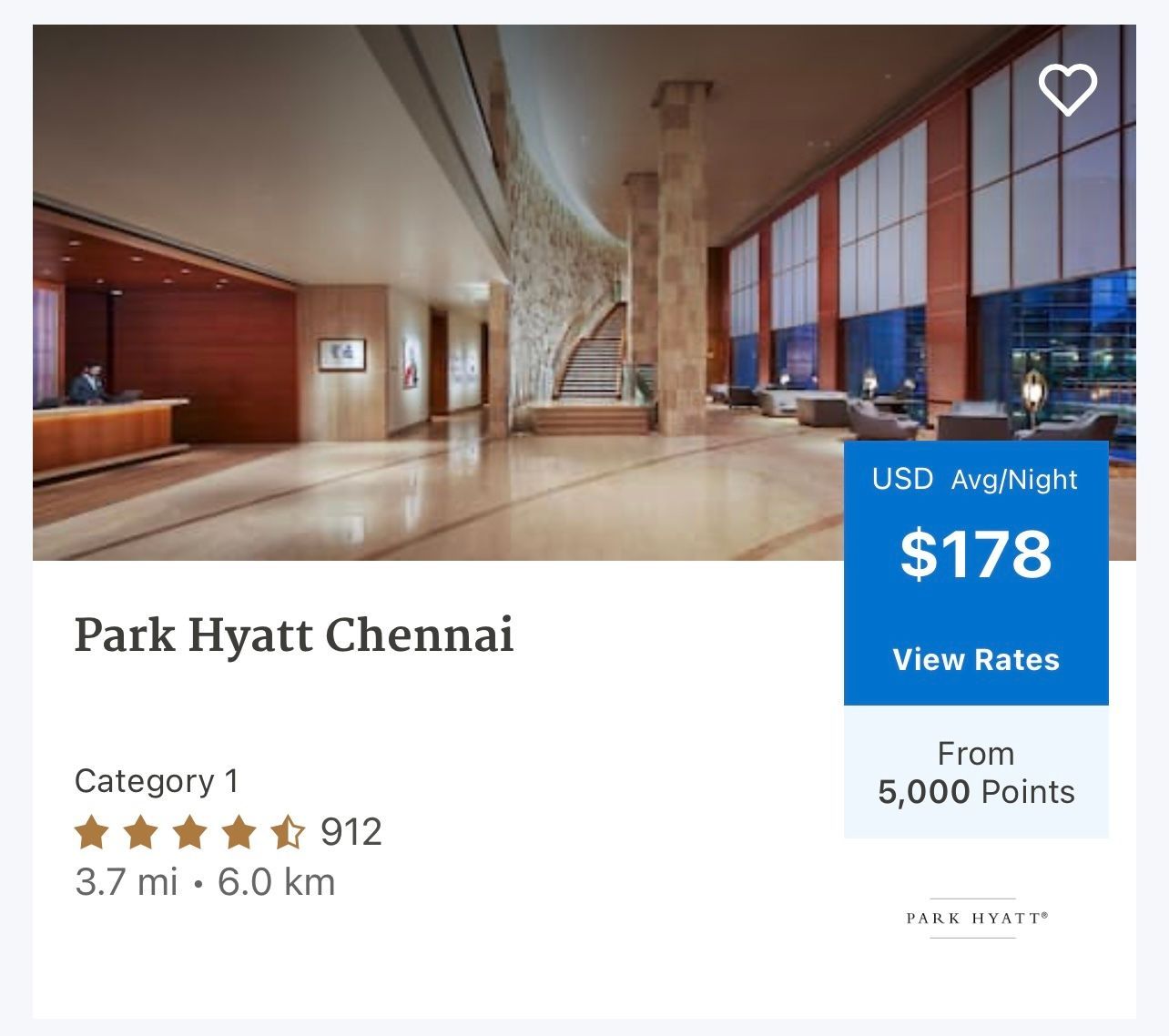 A screenshot showing the world's only Category 1 Park Hyatt, which can cost as few as 3,500 points per night