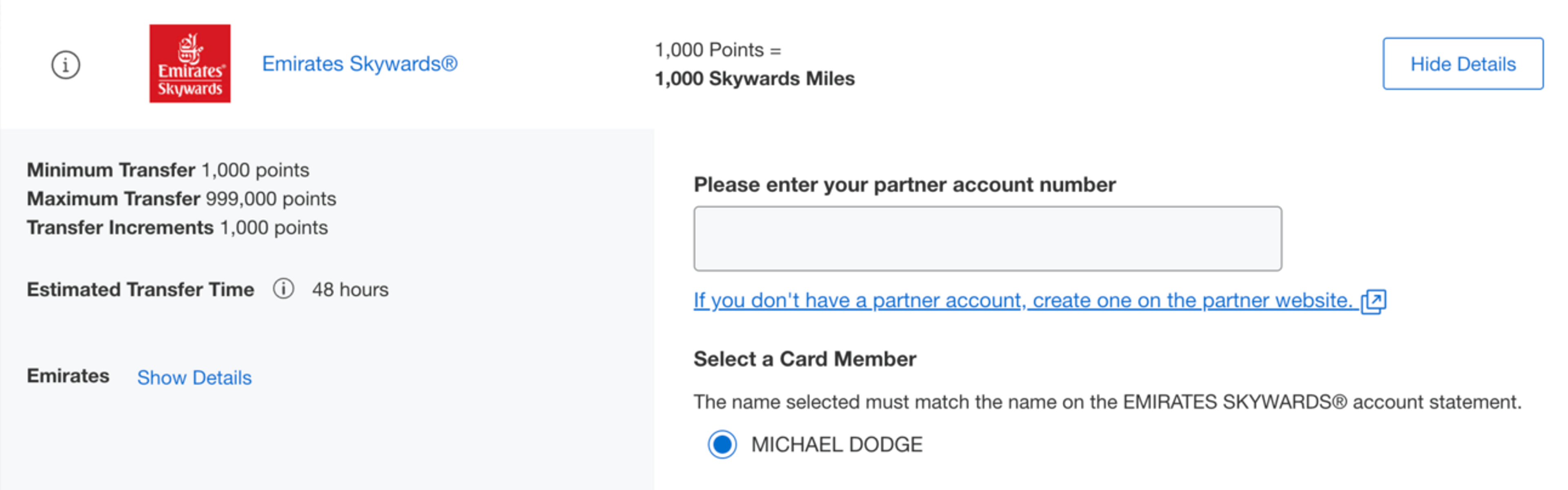 Example of a bank transfer to Emirates