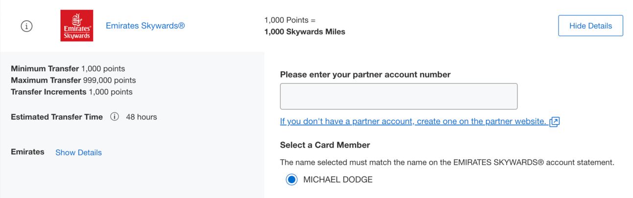 Example of a bank transfer to Emirates
