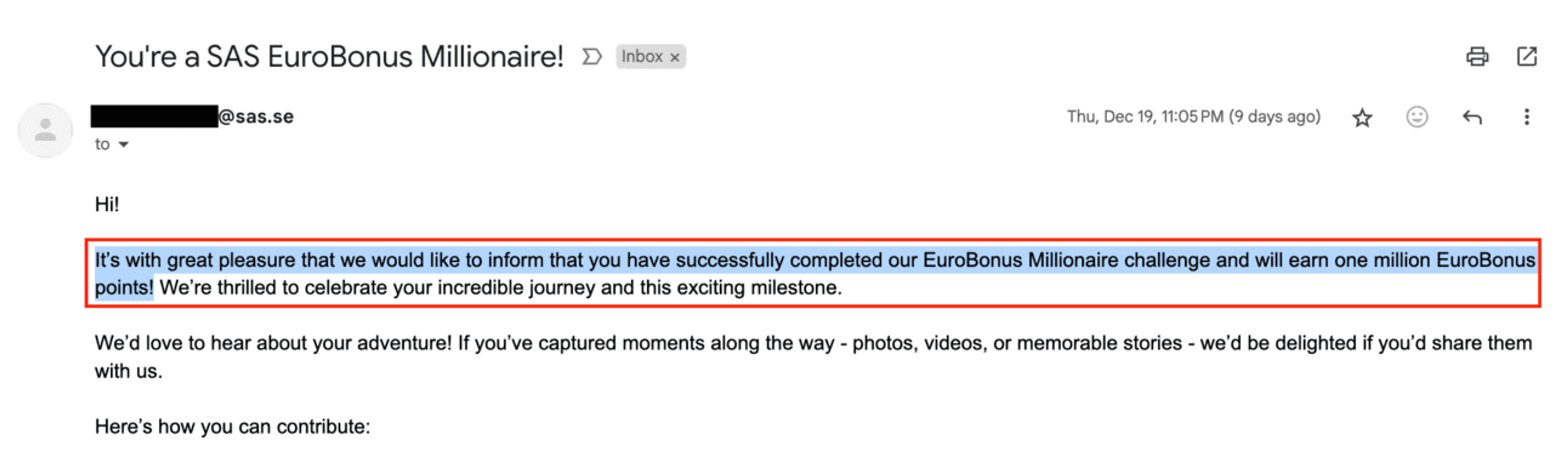 SAS winning confirmation email