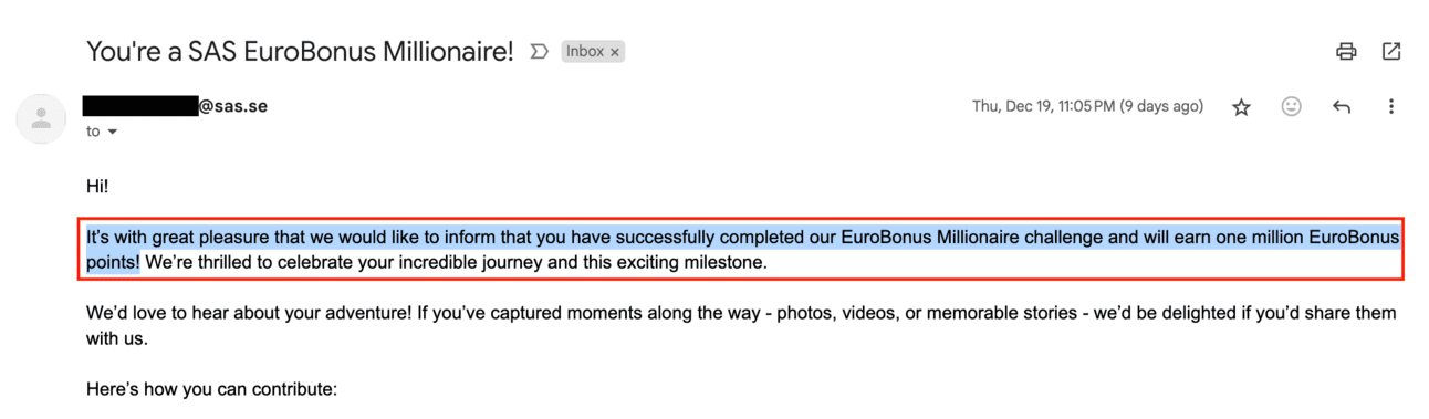 SAS winning confirmation email