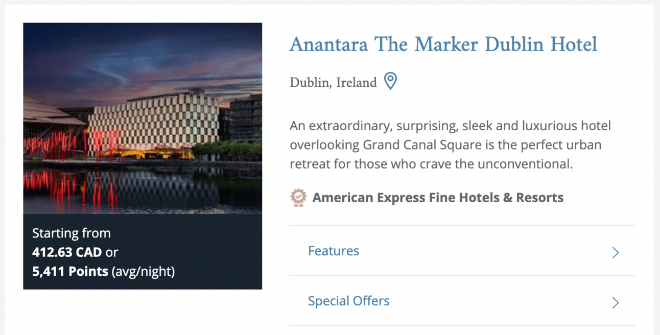 An example of a hotel in Dublin, Ireland for just over 5,000 LHW Points