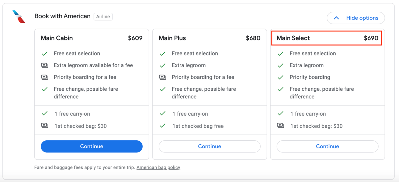 Example booking on American showing different seat classes