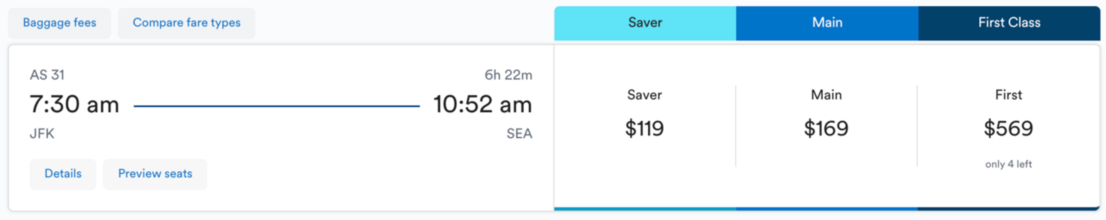 A screenshot o an Alaska Airlines booking from New York to Seattle