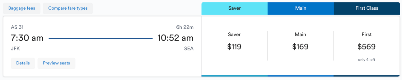 A screenshot o an Alaska Airlines booking from New York to Seattle