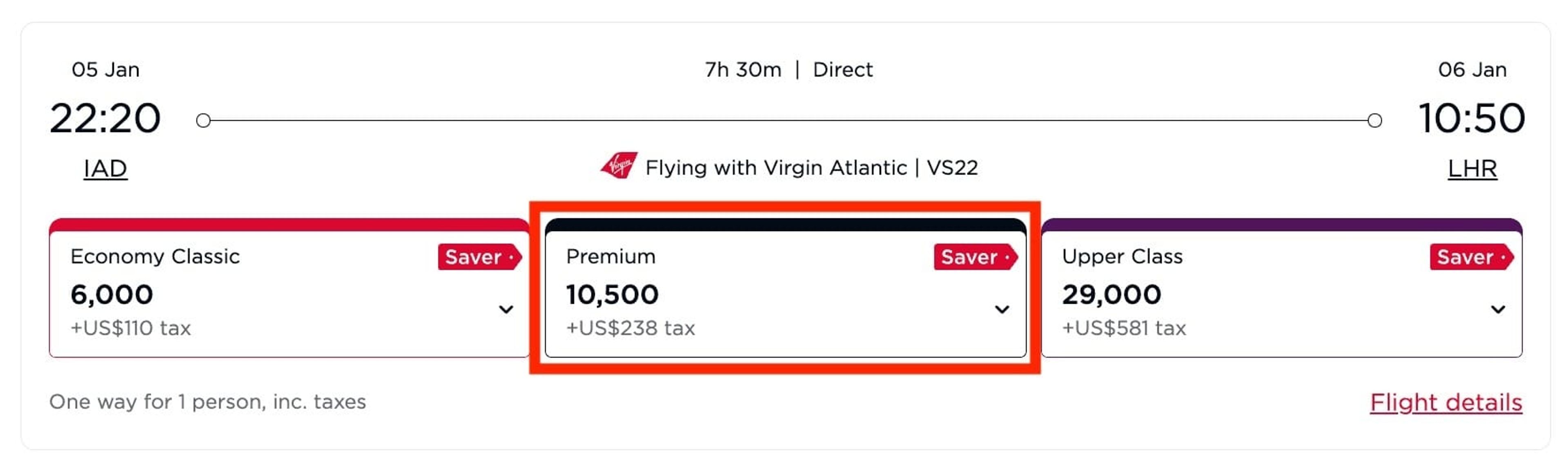 Virgin Atlantic Premium Economy for 10,500 miles