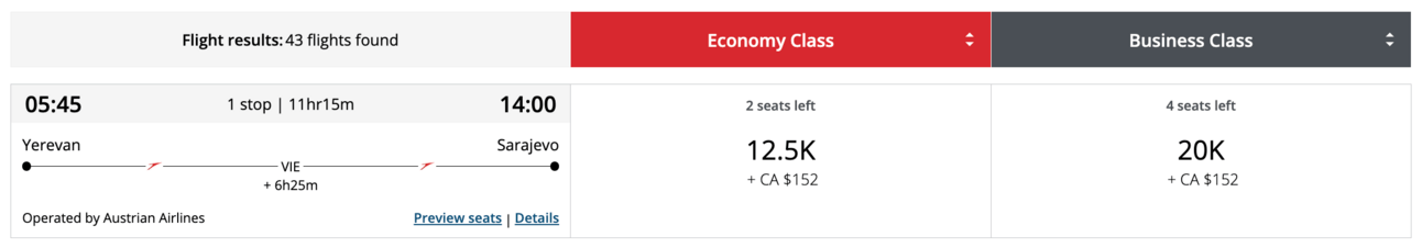 The same flight for 12,500 Aeroplan points