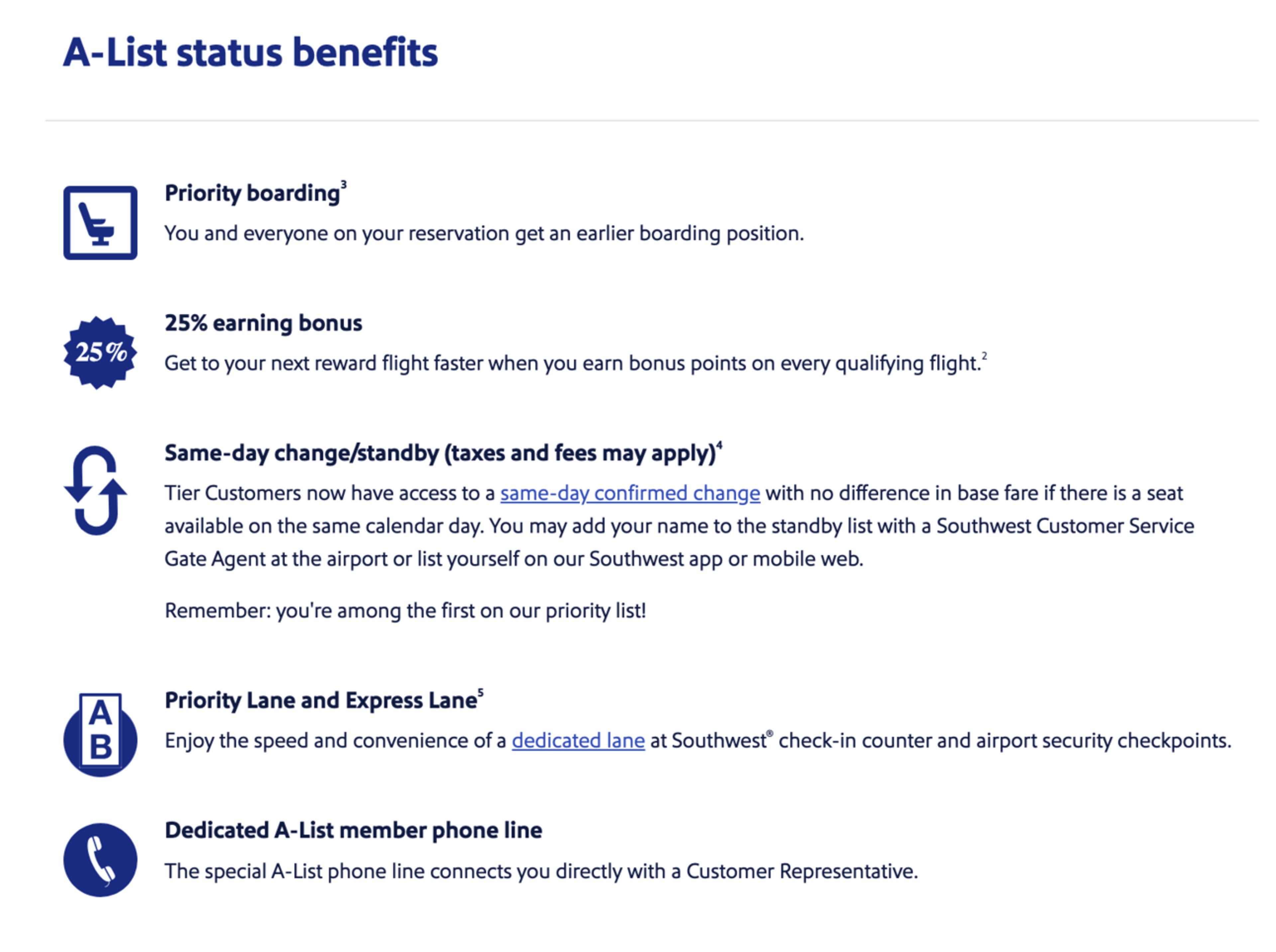 An image depicting the vaious benefits that come with Southwest A-List status