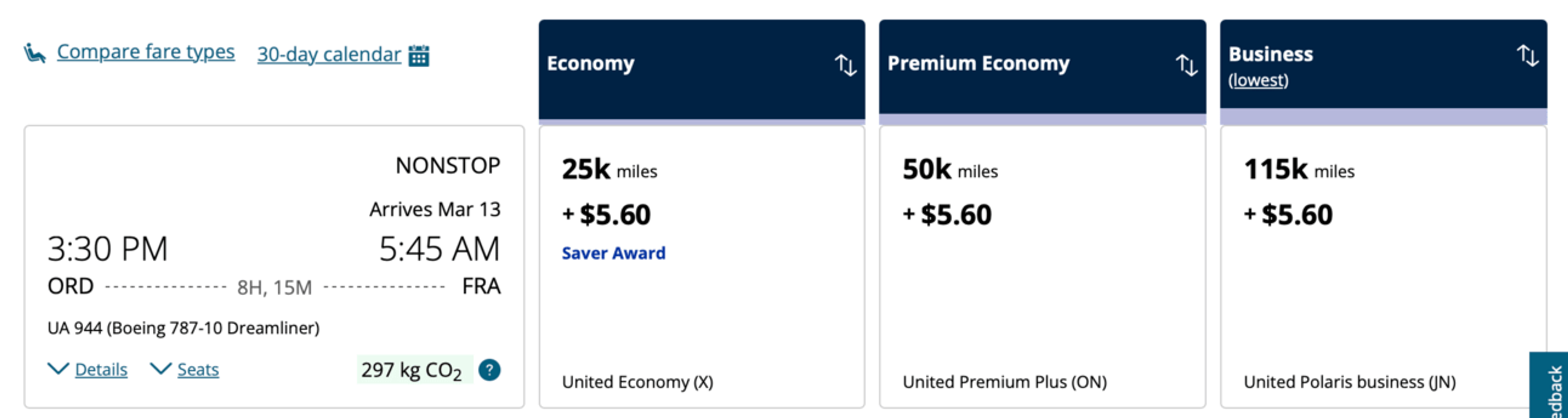 Screenshot of an example booking from Chicago to Frankfurt