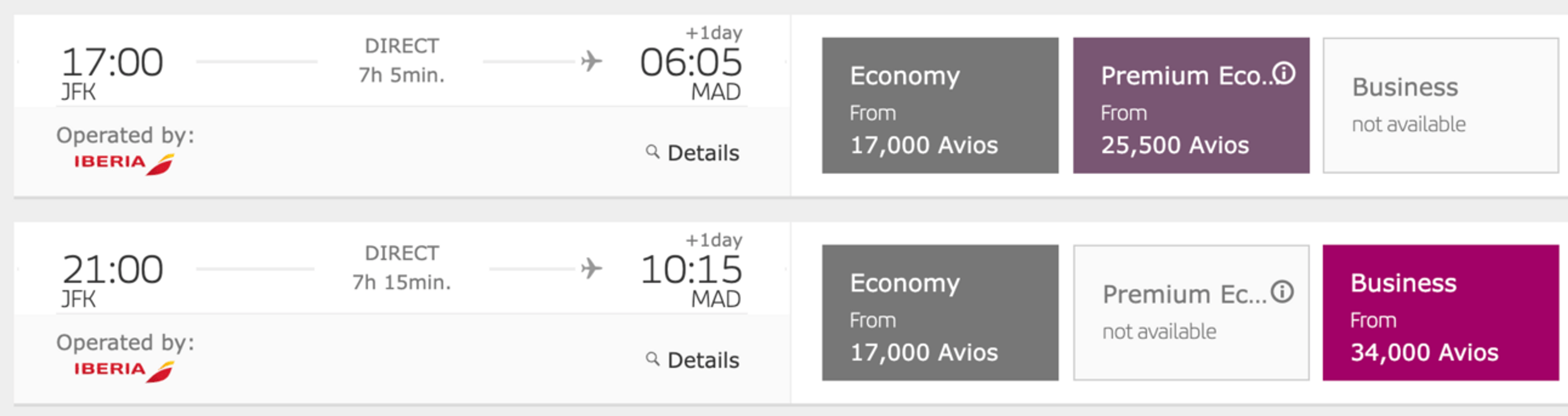 a screenshot of the booking page from Iberia's website showing a flight from New York to Madrid for 34,000 Avios in business class