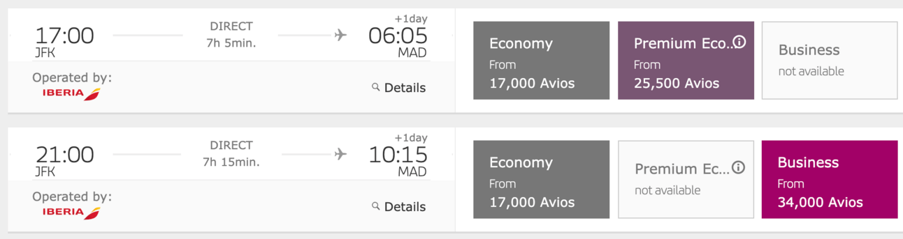 a screenshot of the booking page from Iberia's website showing a flight from New York to Madrid for 34,000 Avios in business class