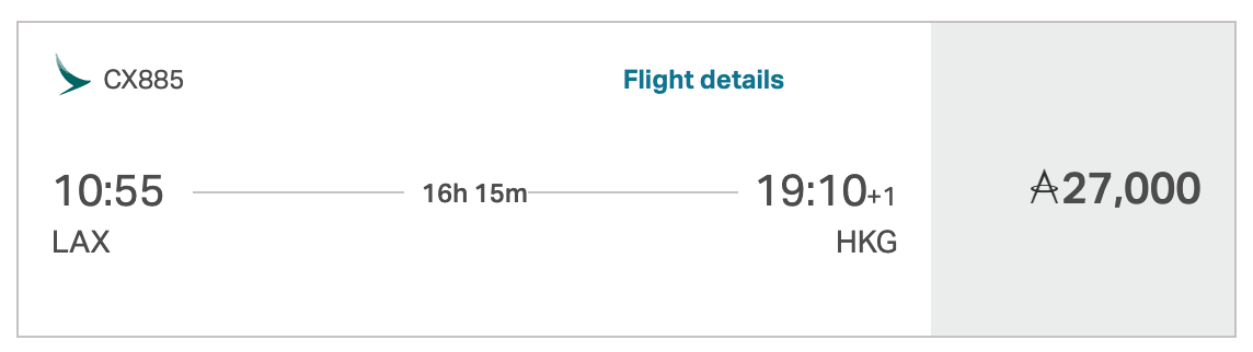 Los Angeles to Hong Kong for 27,000 Cathay Miles