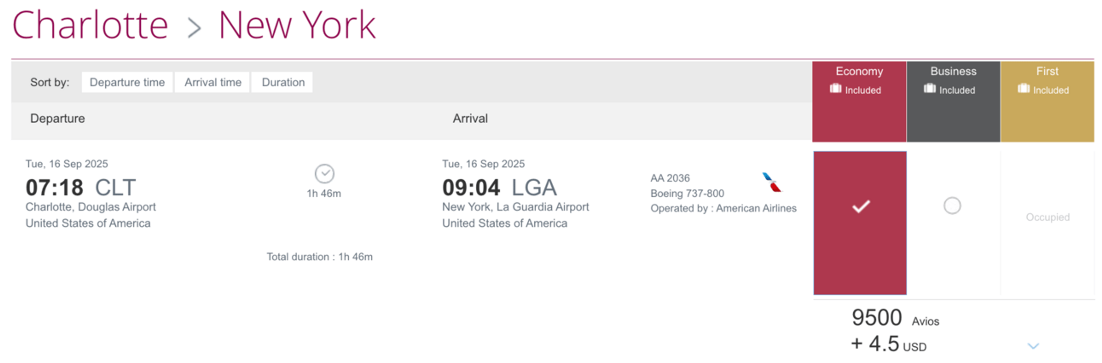 CLT-LGA for 9,500 Avios