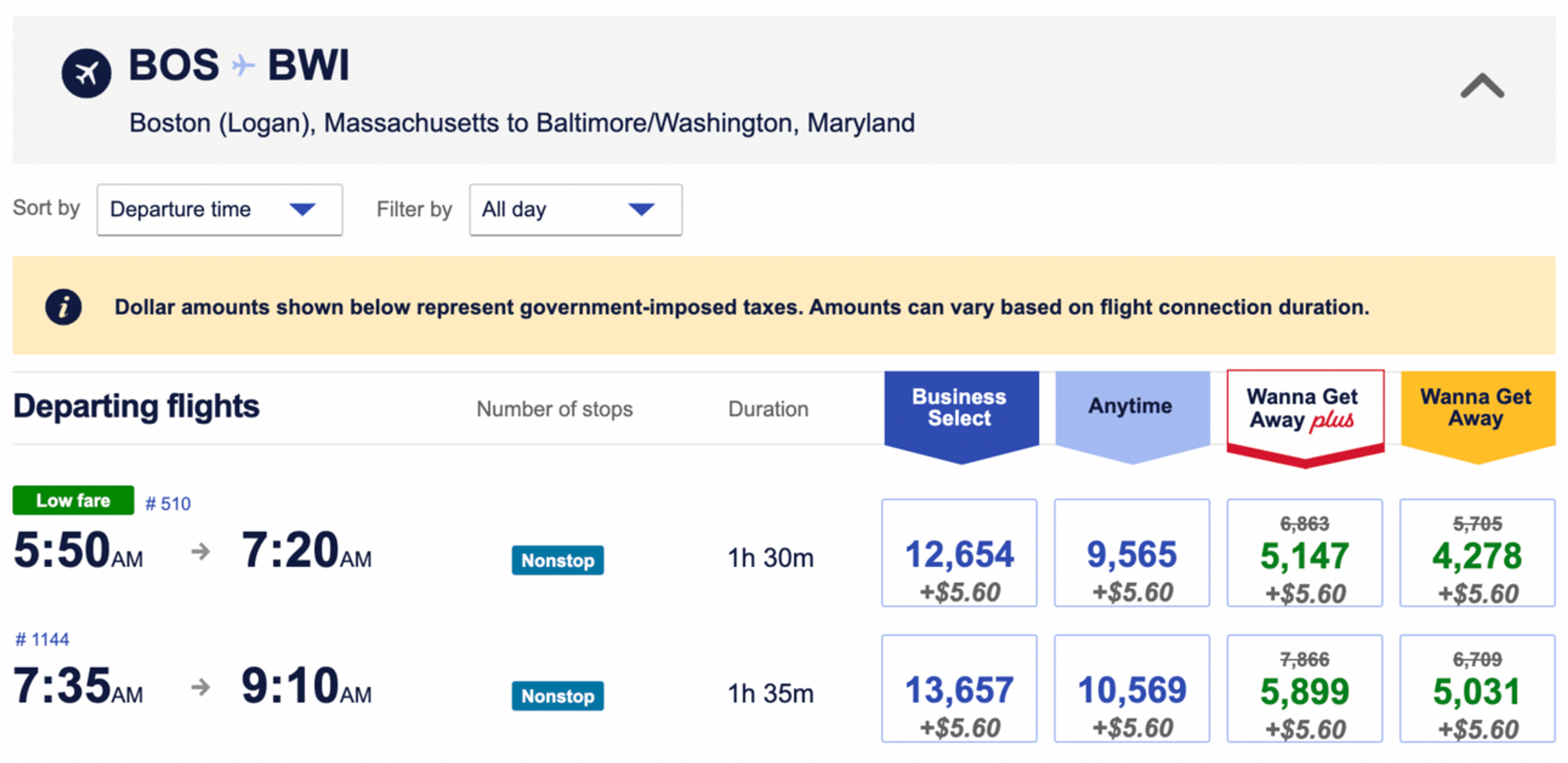 Southwest BOS-BWI for 4k points