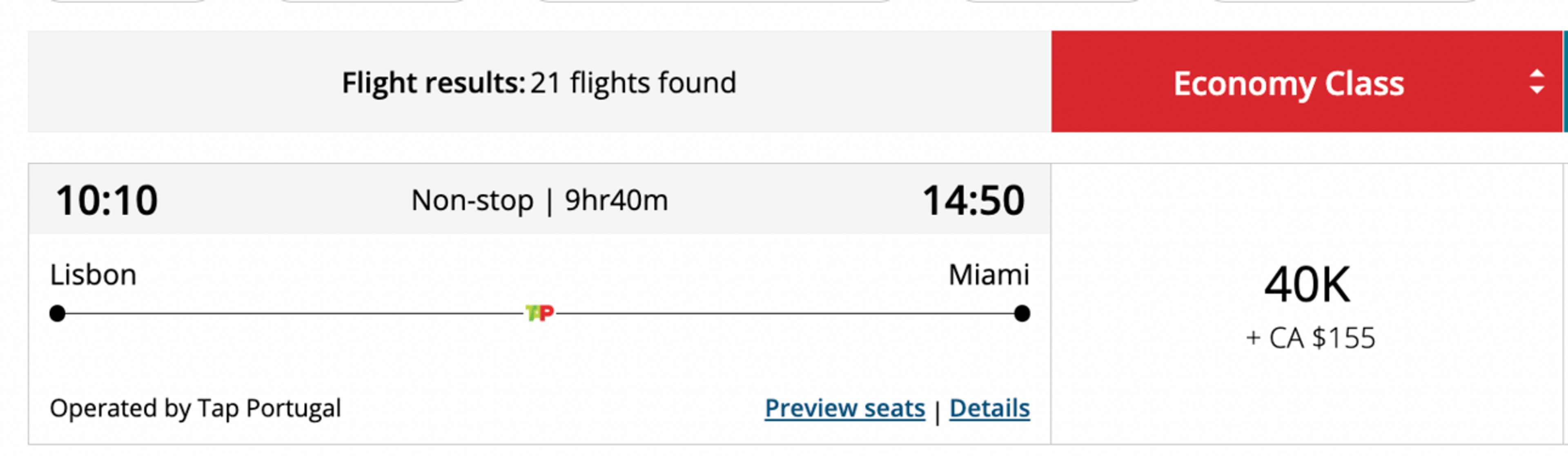 Lisbon to Miami for 40,000 Aeroplan points one-way