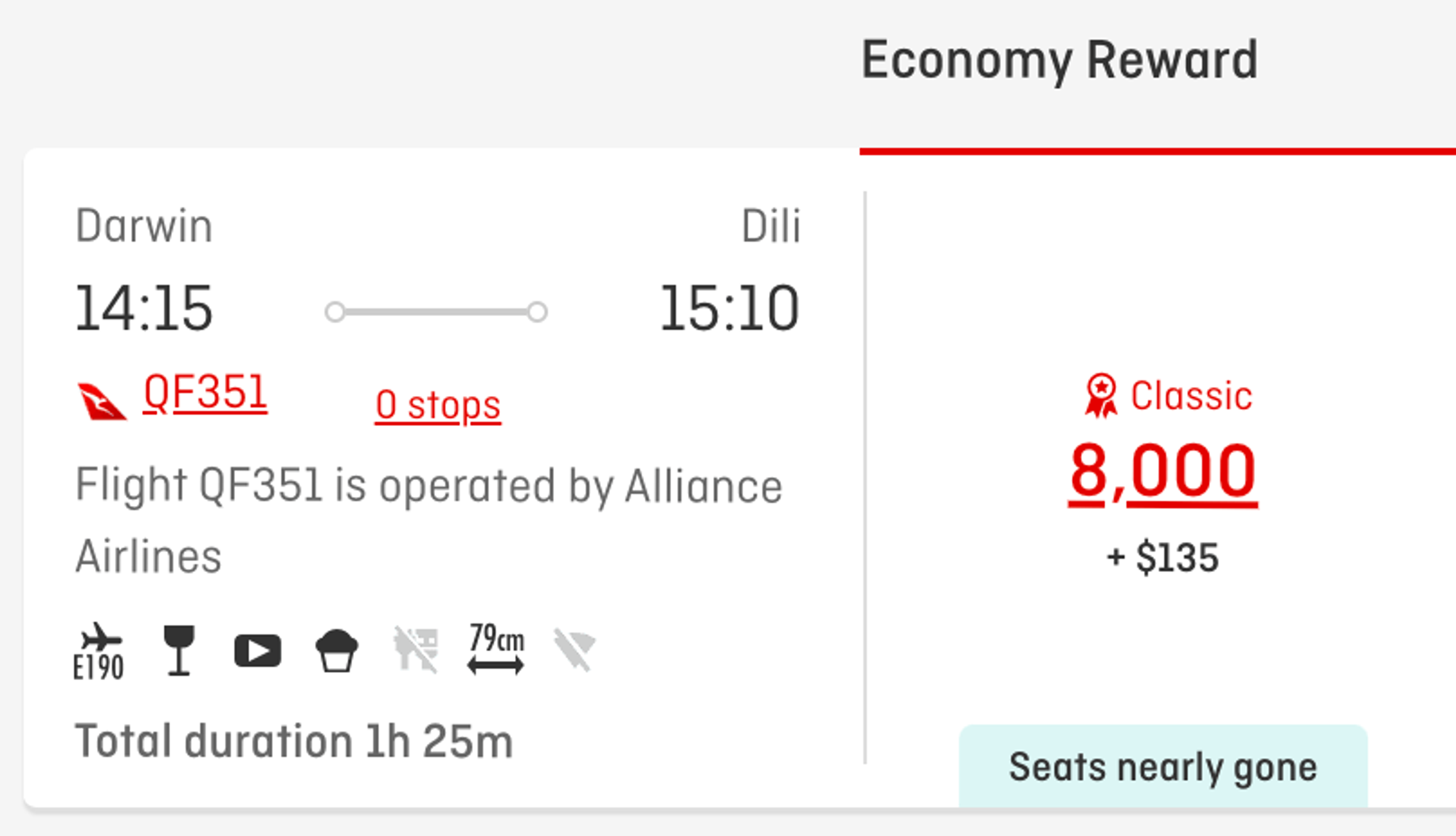 The same flight bookable for 8,000 Qantas miles