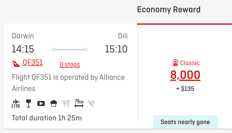 The same flight bookable for 8,000 Qantas miles
