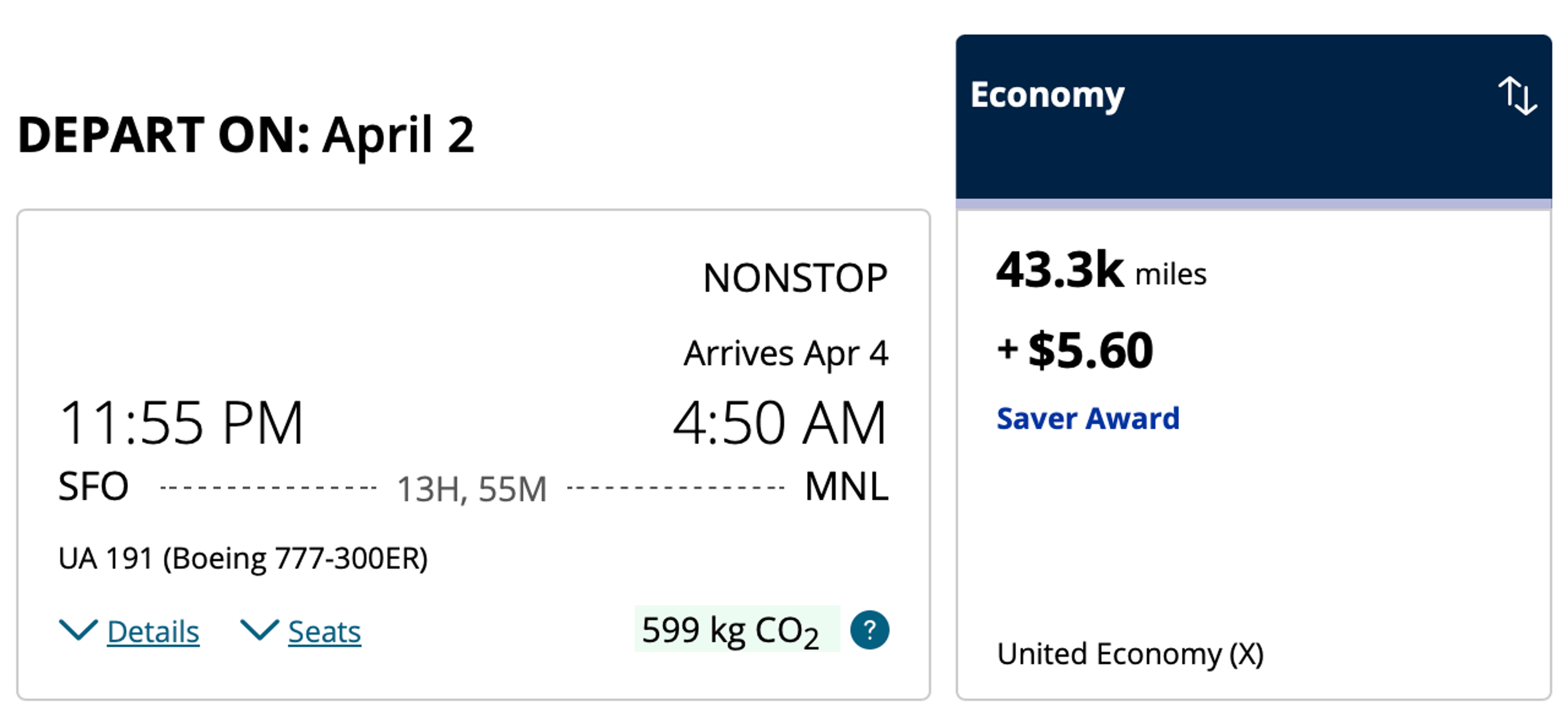 Sample award booking on United