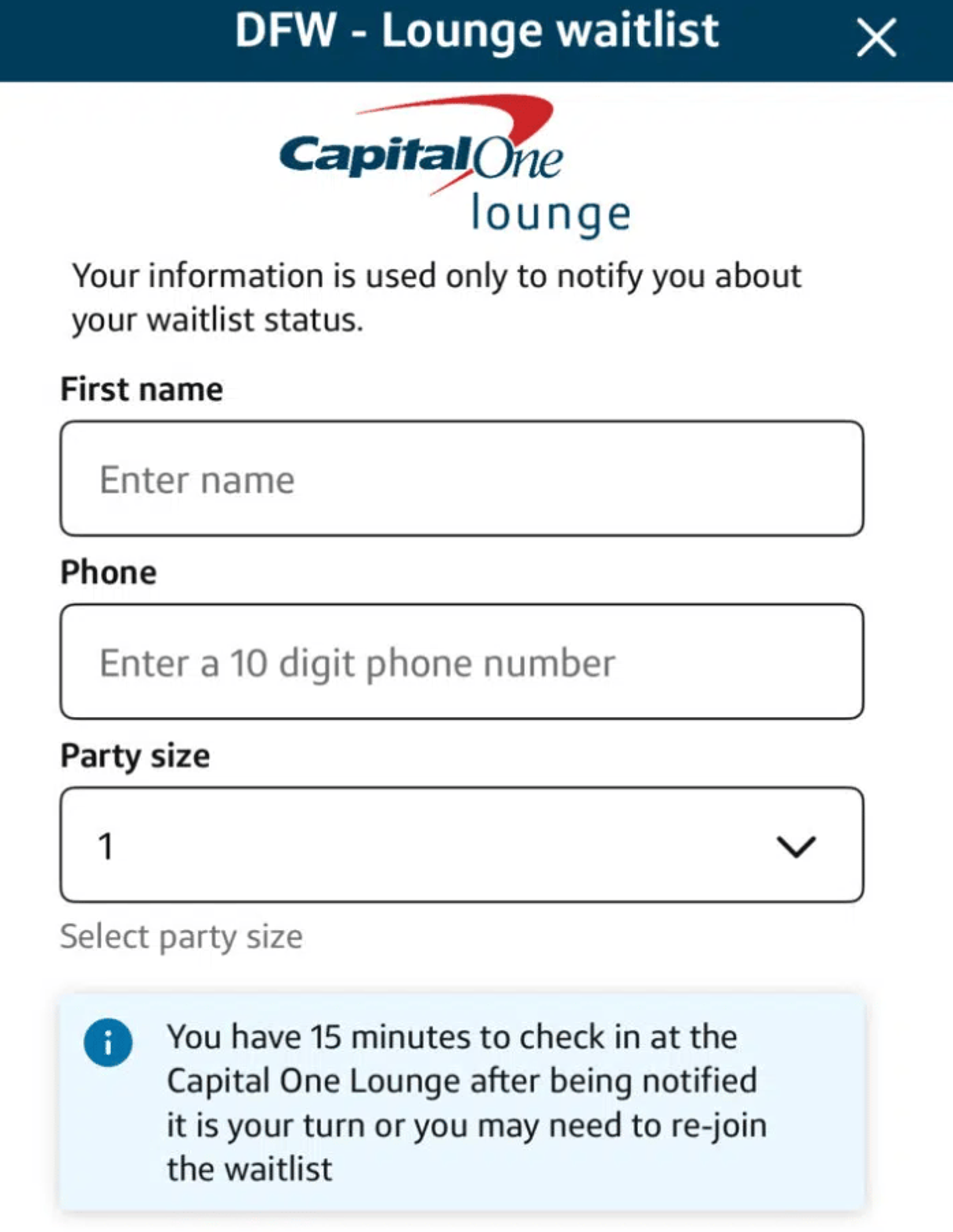 A screenshot from the Capital One app showing the lounge waitlist feature
