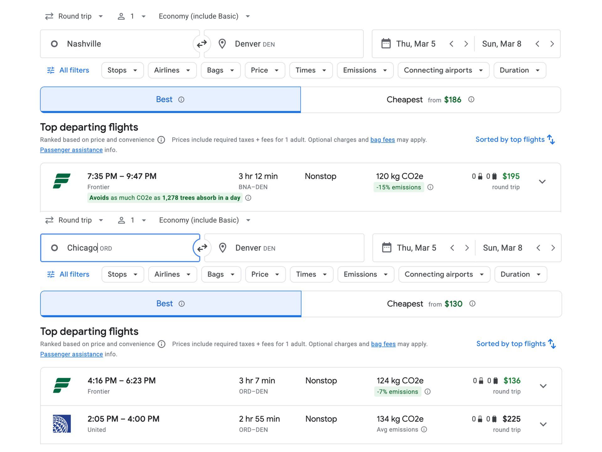 Example fares from BNA-DEN and ORD-DEN