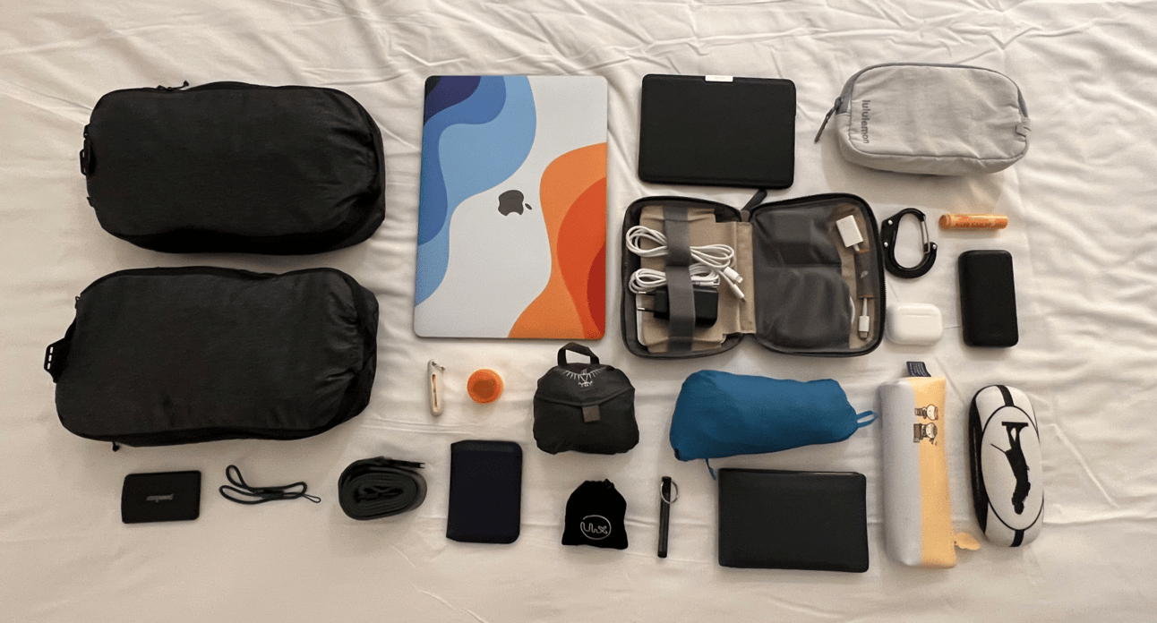 All clothing, toiletries, electronics, and more super useful travel gadgets I need for any trip.