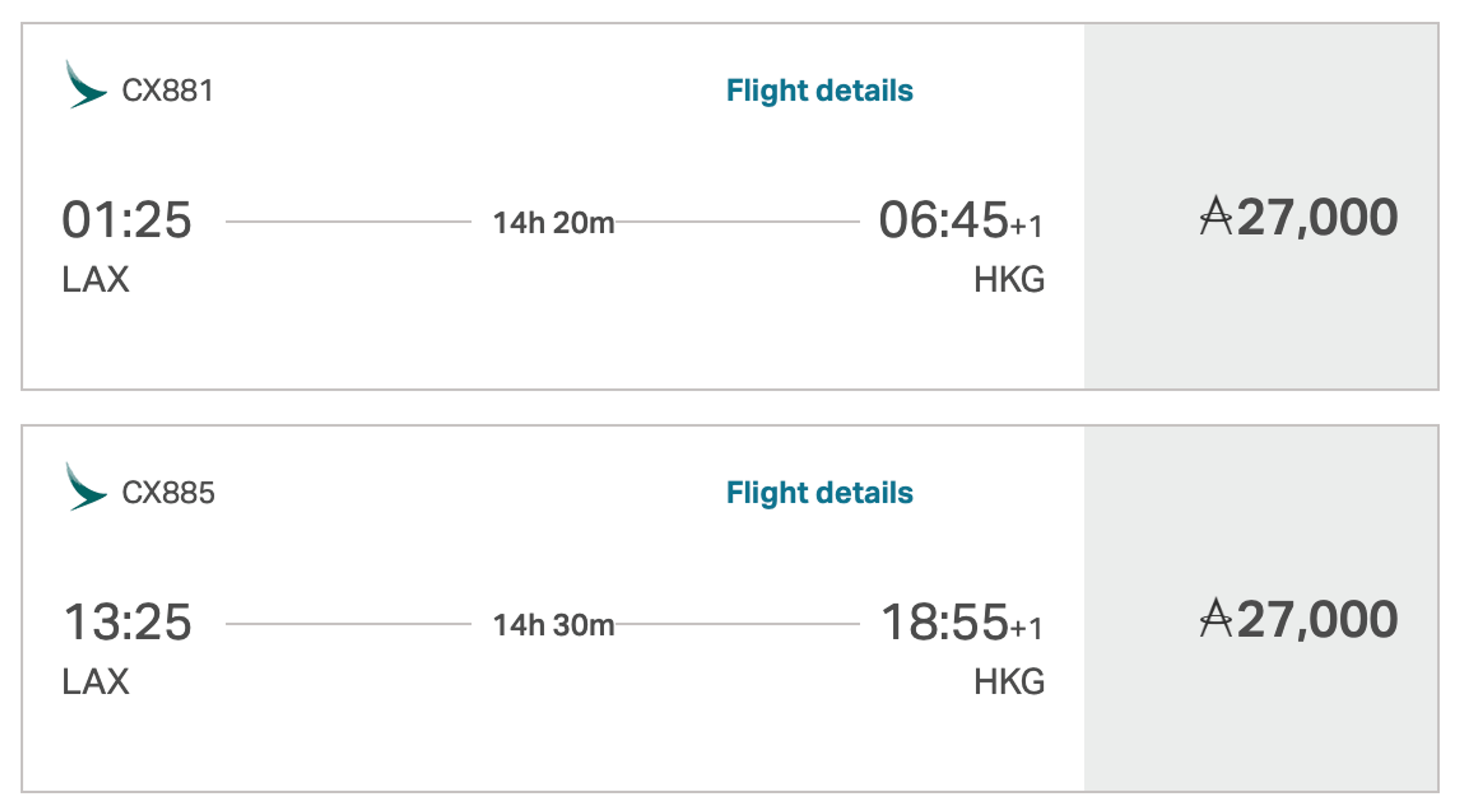 Los Angeles to Hong Kong for 27,000 miles in economy
