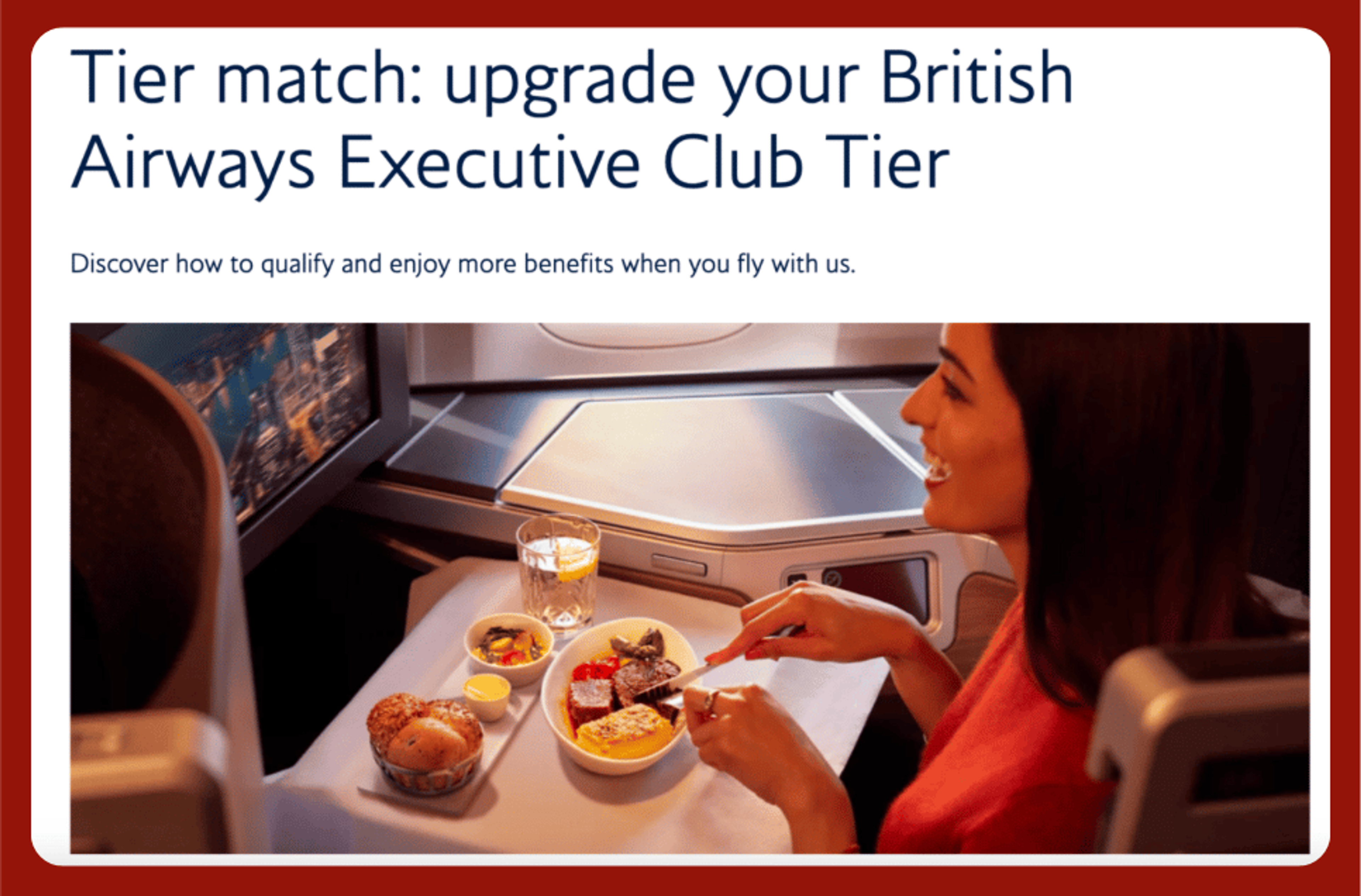 A woman eating a meal in British Airway's business class