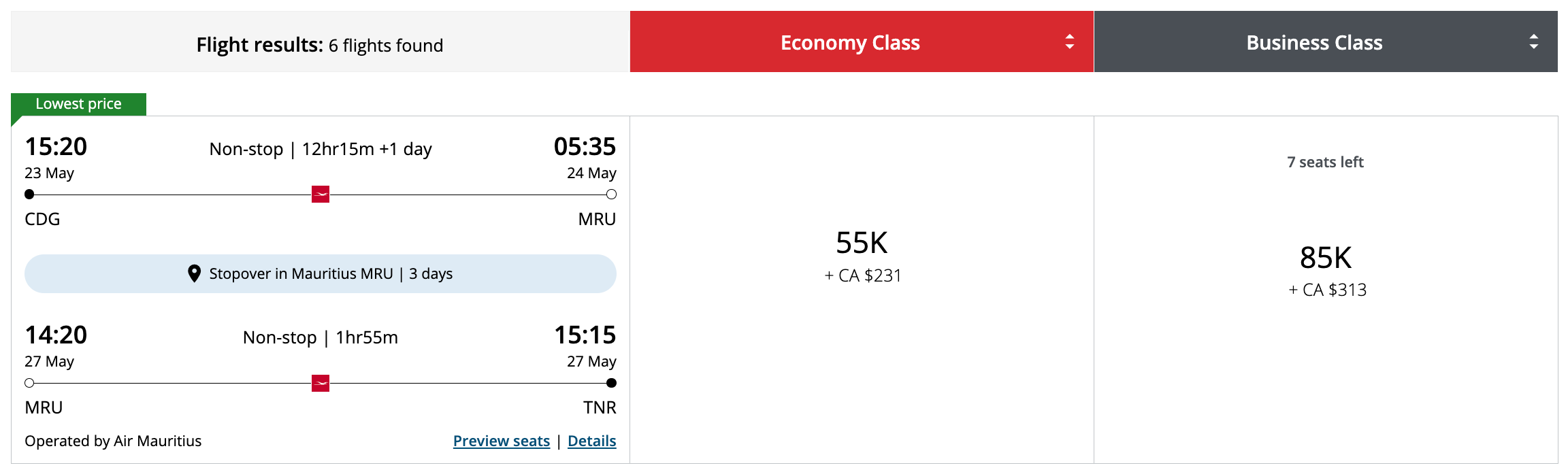 Sample Aeroplan booking