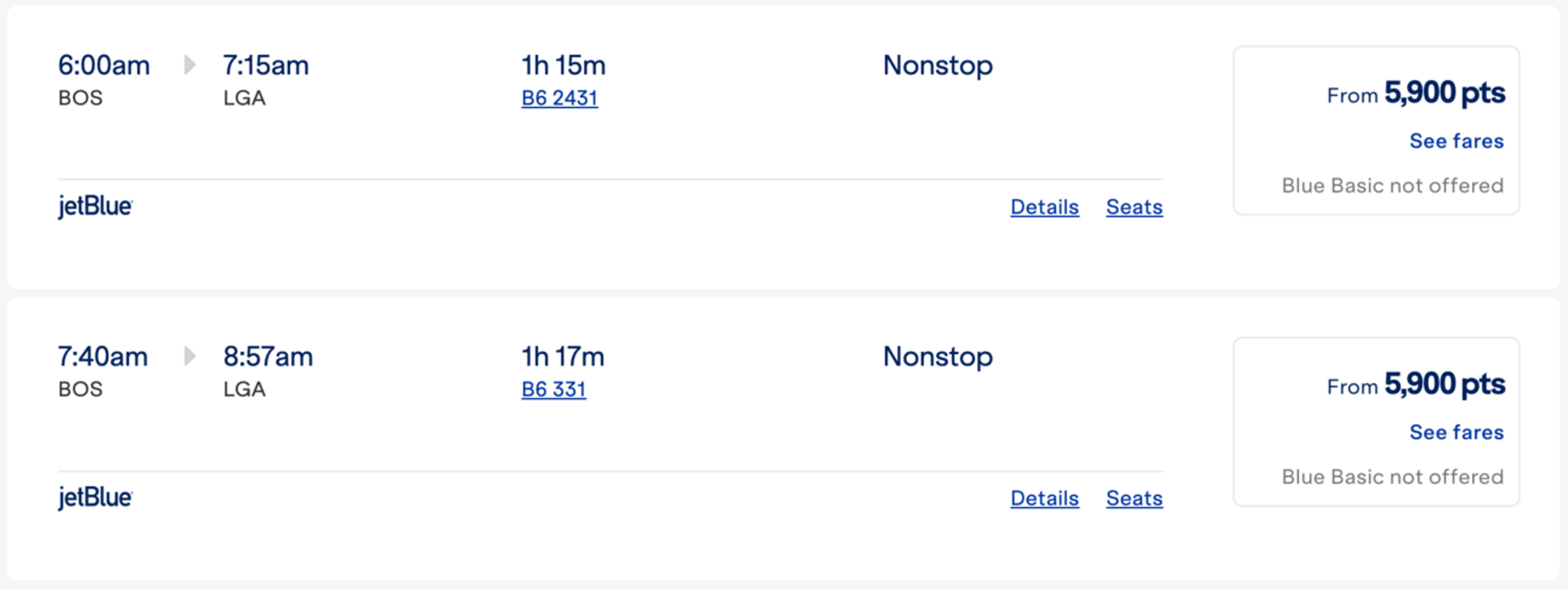 Examples of JetBlue domestic flights for less than 6k points each