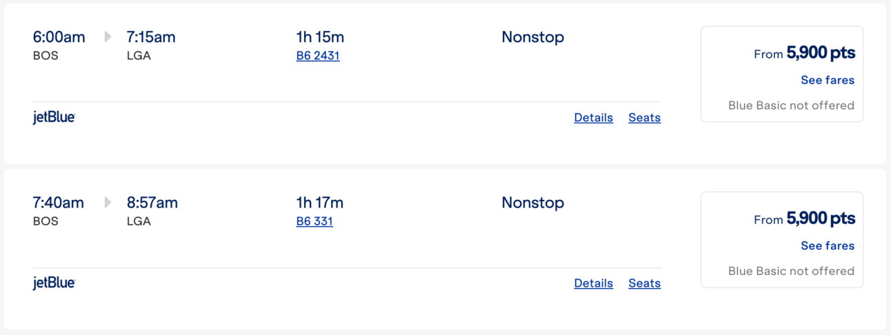 Examples of JetBlue domestic flights for less than 6k points each