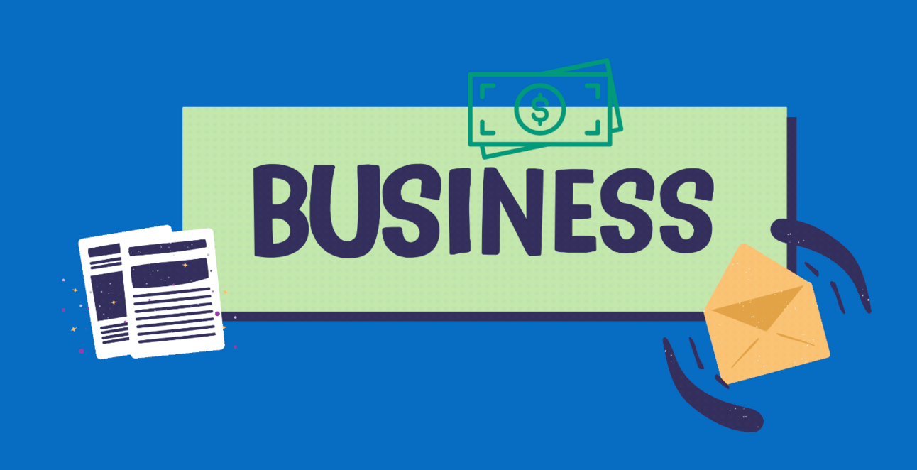 Text that says Business on a blue background with an envelope and money symbol