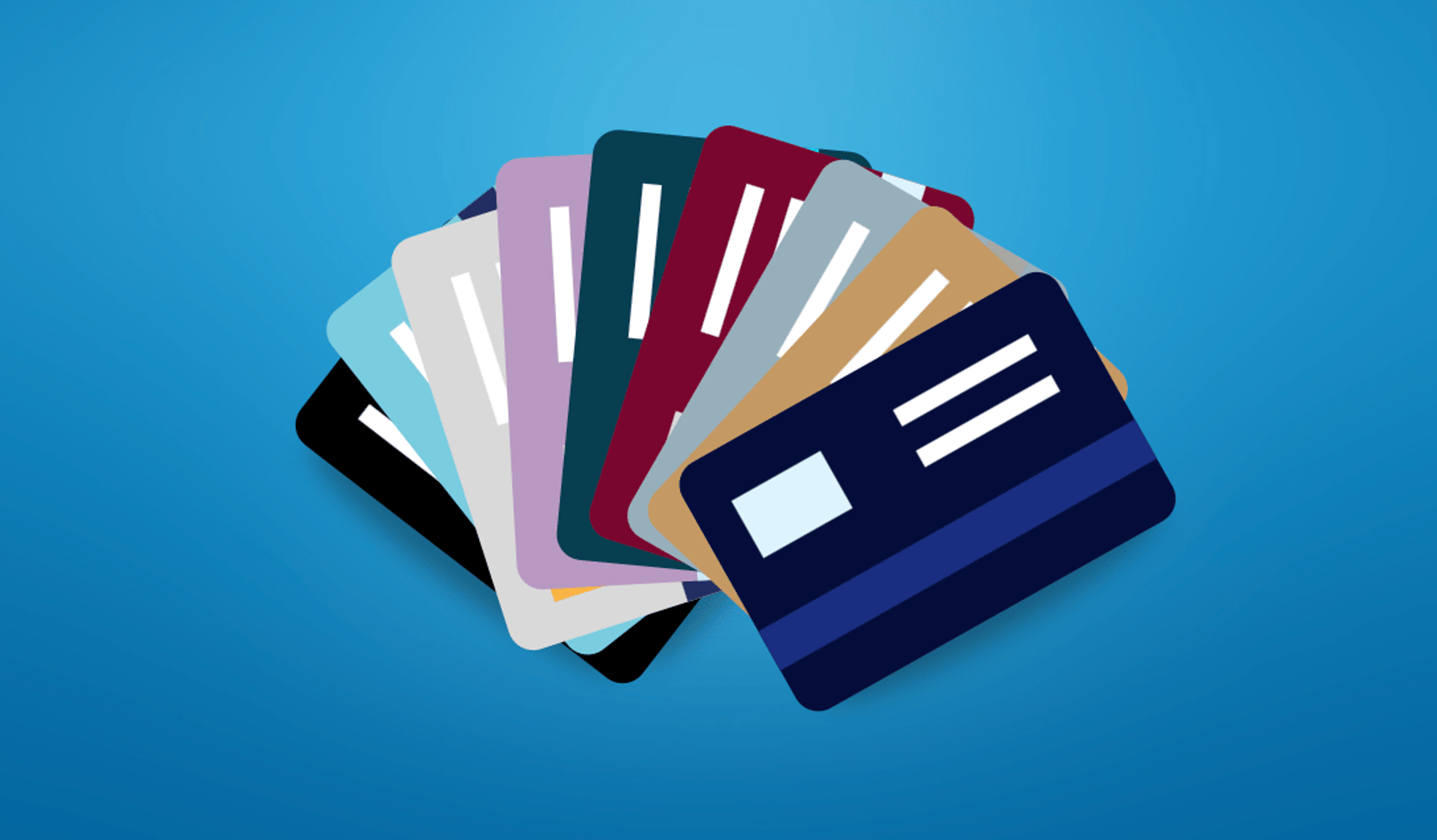 Several credit card graphics fanned out on a blue background