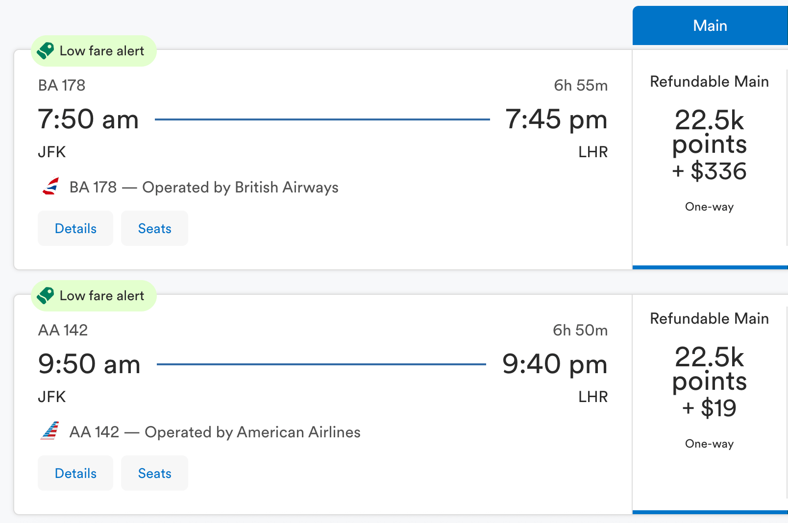 AA/BA flights from New York to London with varying taxes and fees