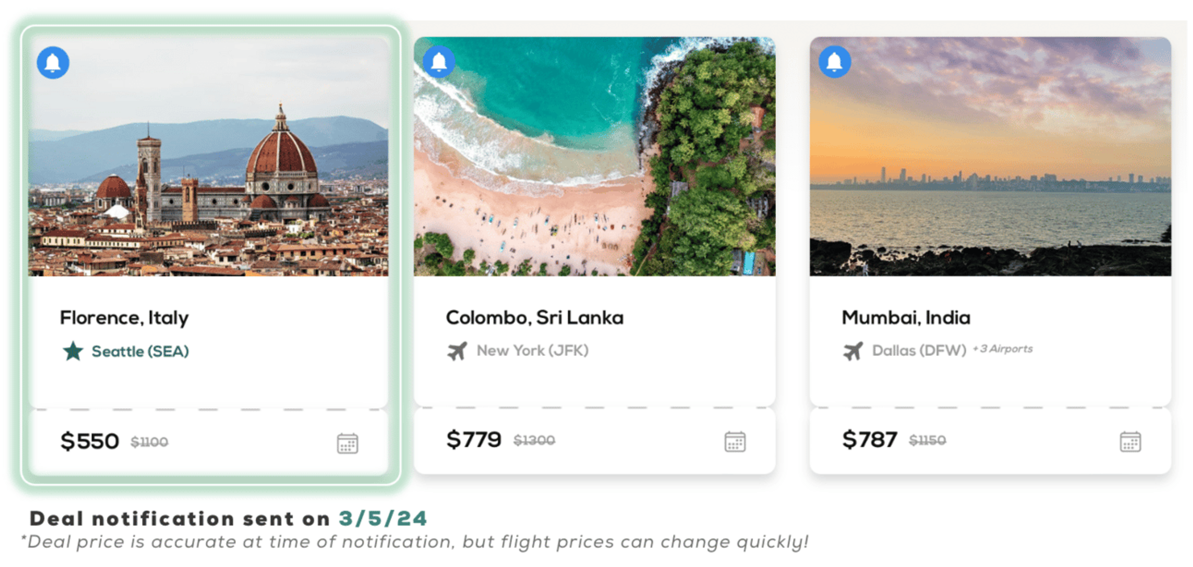 Three destination cards with Florence, Italy highlighted