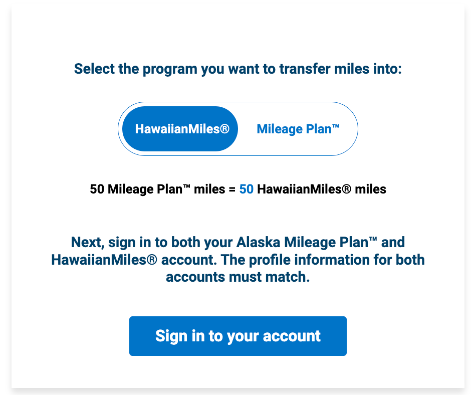 A screenshot from the transfer page for Alaska and Hawaiian miles